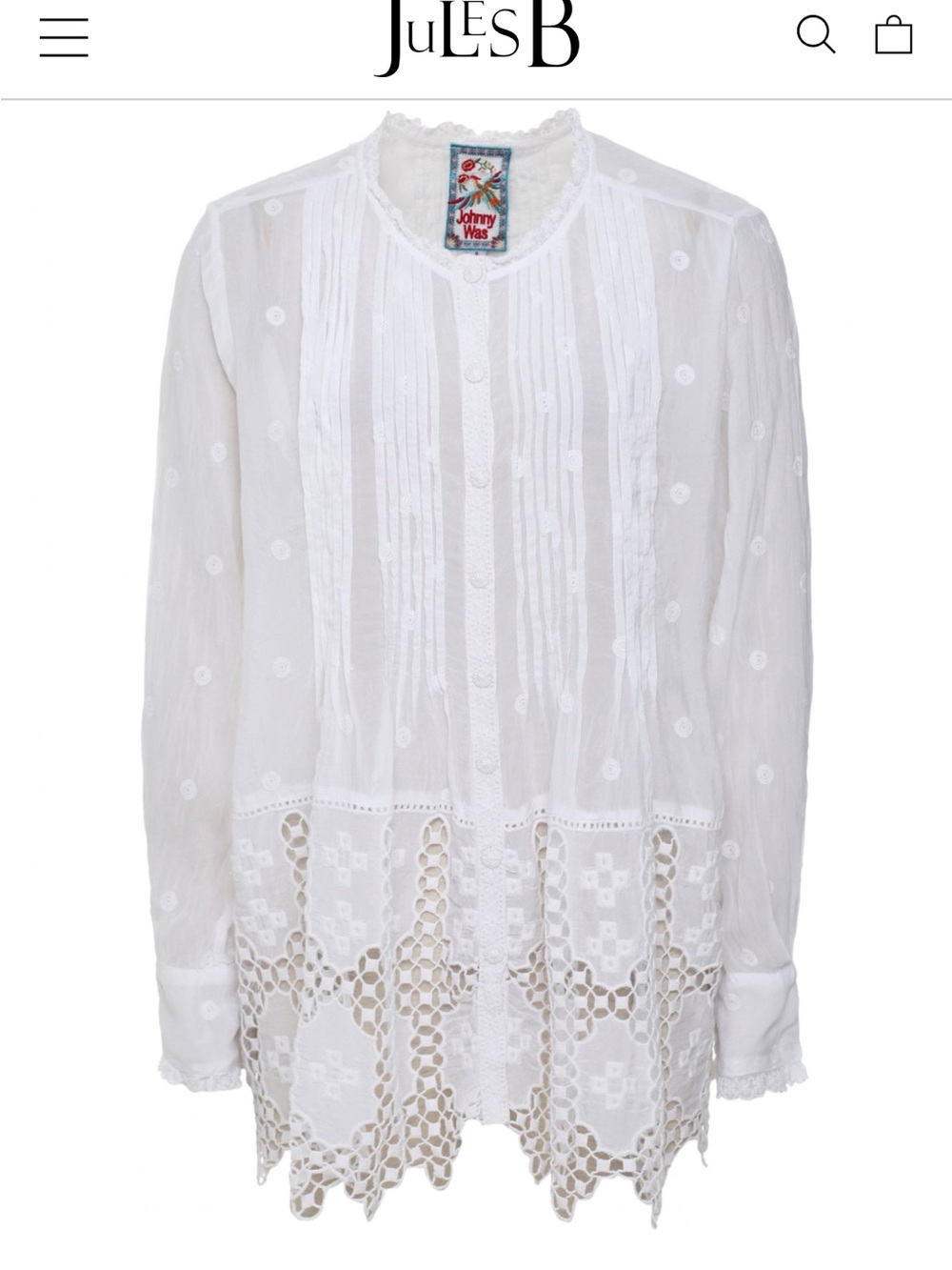 Johnny Was White Lace-Trim Pintuck Button Front Bohemian Blouse